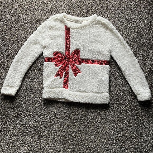 White Sm Fleece Red Sequin Bow Christmas Holiday Sweater Women Christmas Jumper - Picture 2 of 7